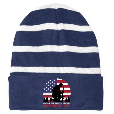 Honor The Fallen Heroes Memorial Day US Flag Striped Beanie with Solid Band