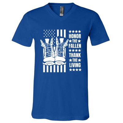 Honor The Fallen Thank The Living Memorial Day Veteran Boots Gift V-Neck T-Shirt