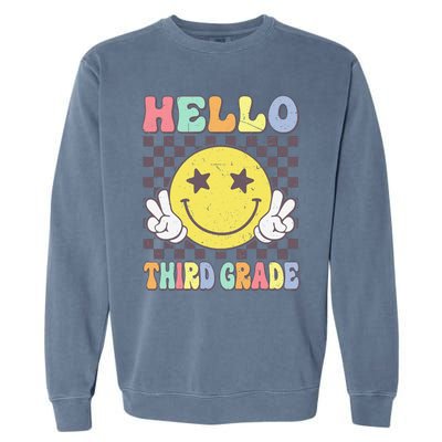 Hello Third Grade Hippie Smile Face 3rd Grade Back To School Gift Garment-Dyed Sweatshirt