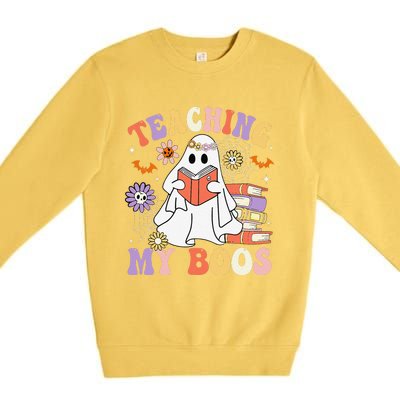 Halloween Teacher Ghost Books Reading Book Teaching My Boos Premium Crewneck Sweatshirt