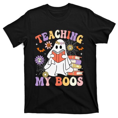 Halloween Teacher Ghost Books Reading Book Teaching My Boos T-Shirt