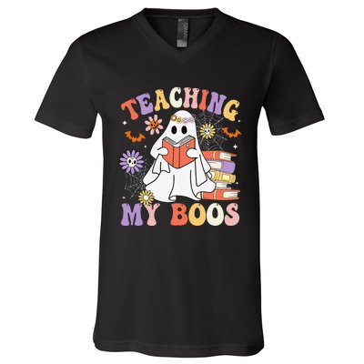 Halloween Teacher Ghost Books Reading Book Teaching My Boos V-Neck T-Shirt