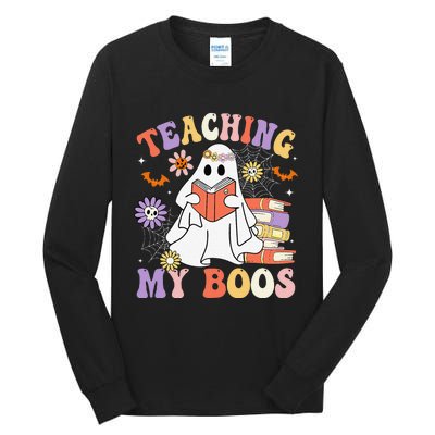 Halloween Teacher Ghost Books Reading Book Teaching My Boos Tall Long Sleeve T-Shirt