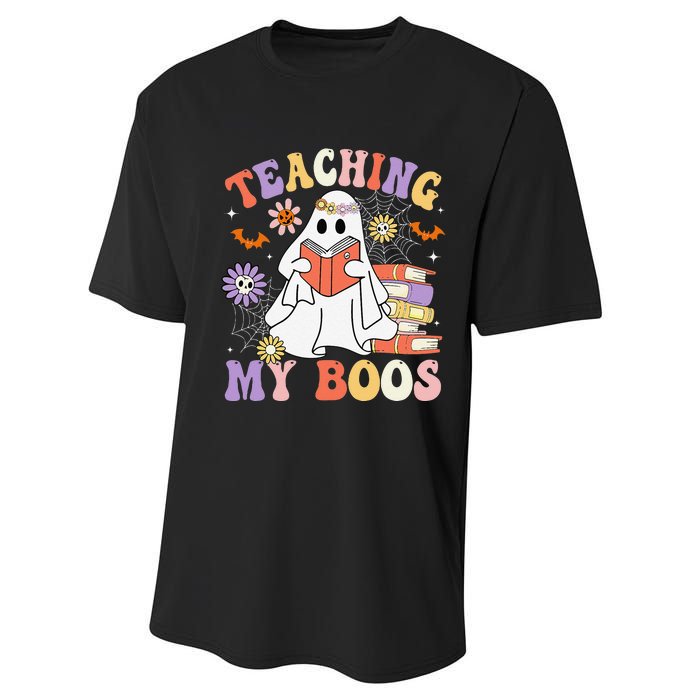 Halloween Teacher Ghost Books Reading Book Teaching My Boos Performance Sprint T-Shirt