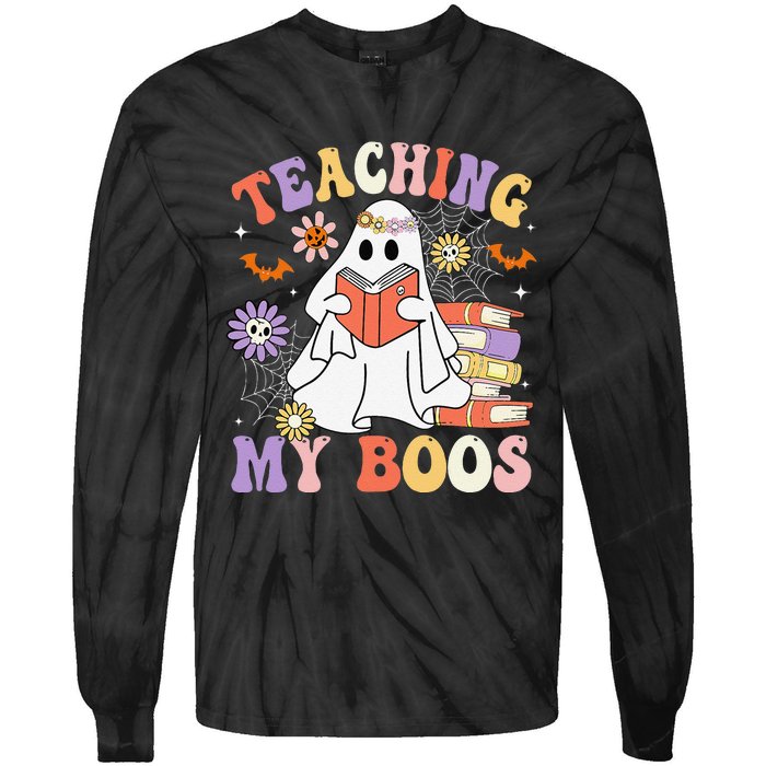 Halloween Teacher Ghost Books Reading Book Teaching My Boos Tie-Dye Long Sleeve Shirt