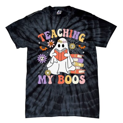 Halloween Teacher Ghost Books Reading Book Teaching My Boos Tie-Dye T-Shirt