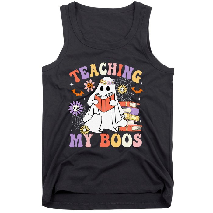 Halloween Teacher Ghost Books Reading Book Teaching My Boos Tank Top