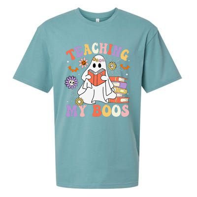 Halloween Teacher Ghost Books Reading Book Teaching My Boos Sueded Cloud Jersey T-Shirt