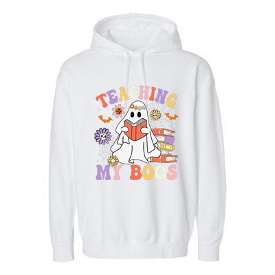 Halloween Teacher Ghost Books Reading Book Teaching My Boos Garment-Dyed Fleece Hoodie