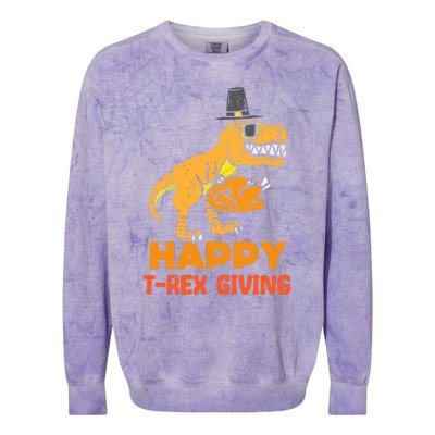 Happy Trex Giving Thanksgiving Dinosaur Fall Vibes Autumn Season Thanksgiving Pu Colorblast Crewneck Sweatshirt