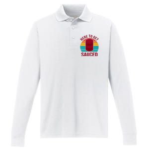 Here To Get Sauced Funny Retro Performance Long Sleeve Polo