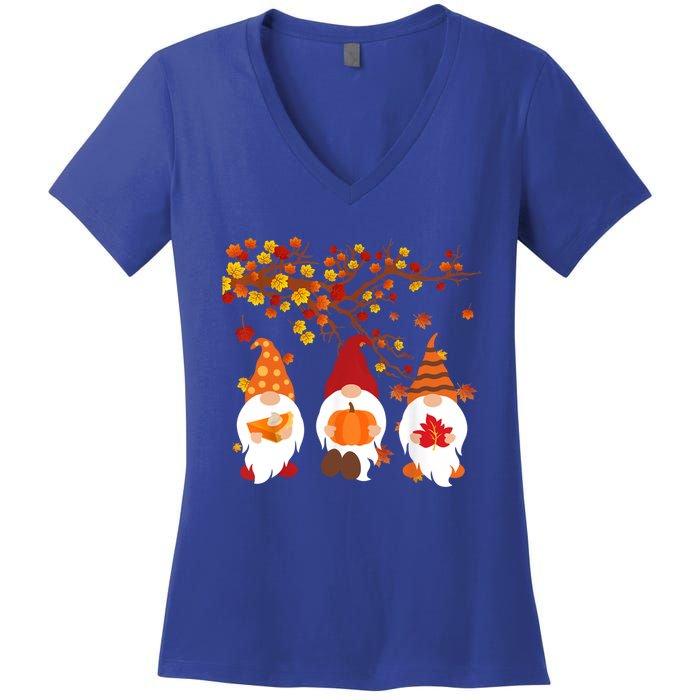 Halloween Three Gnomes Hat Leopard Pumpkin Fall Leaves Cool Gift Women's V-Neck T-Shirt