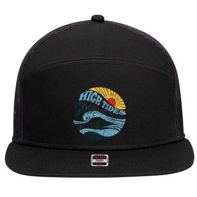 High Tides Good Vibes Vintage Wave And Palm Tree 7 Panel Mesh Trucker Snapback Hat