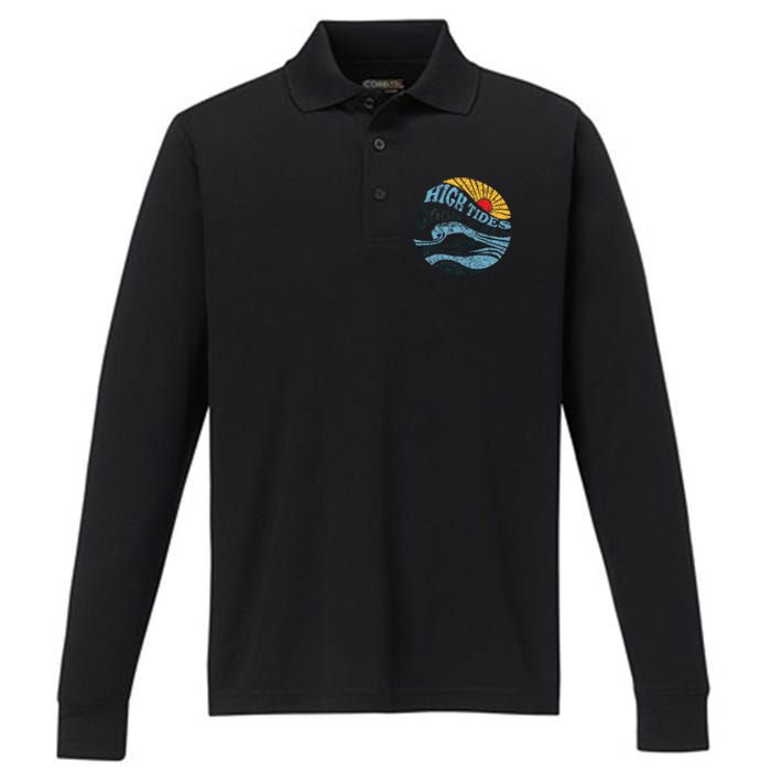 High Tides Good Vibes Vintage Wave And Palm Tree Performance Long Sleeve Polo