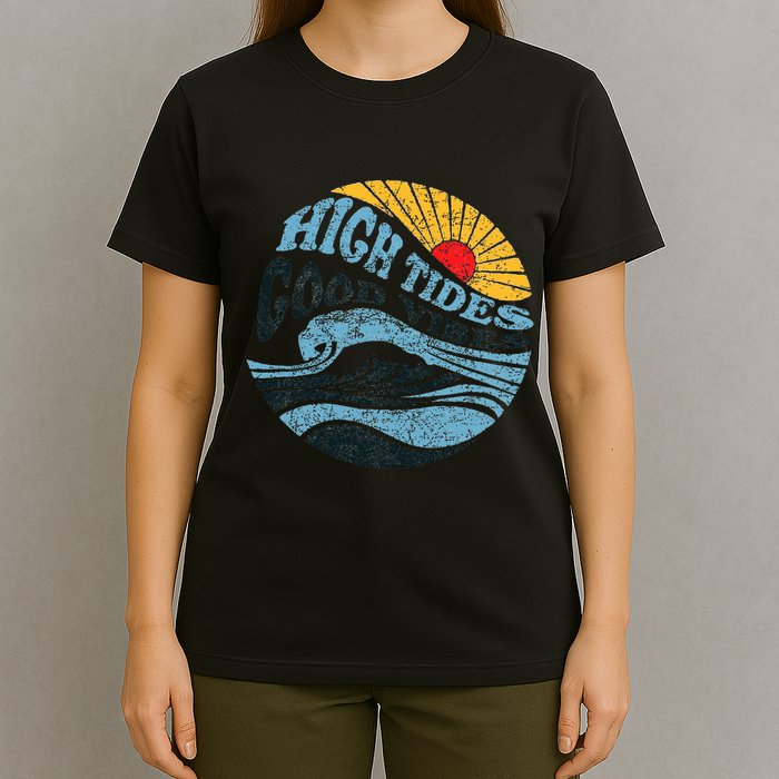 High Tides Good Vibes Vintage Wave And Palm Tree T-Shirt