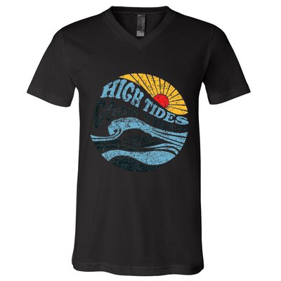 High Tides Good Vibes Vintage Wave And Palm Tree V-Neck T-Shirt