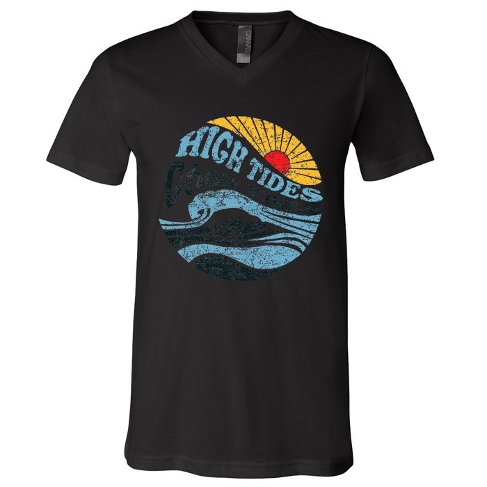 High Tides Good Vibes Vintage Wave And Palm Tree V-Neck T-Shirt