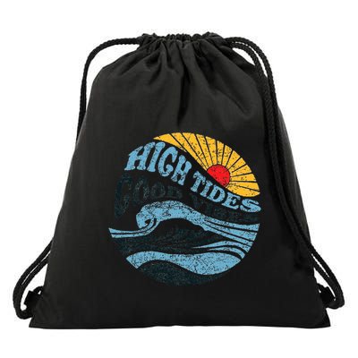 High Tides Good Vibes Vintage Wave And Palm Tree Drawstring Bag