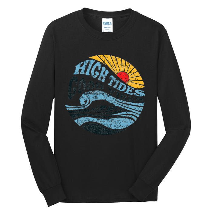 High Tides Good Vibes Vintage Wave And Palm Tree Tall Long Sleeve T-Shirt