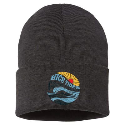 High Tides Good Vibes Vintage Wave And Palm Tree Sustainable Knit Beanie