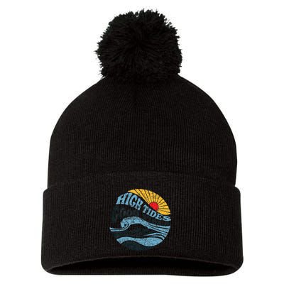 High Tides Good Vibes Vintage Wave And Palm Tree Pom Pom 12in Knit Beanie