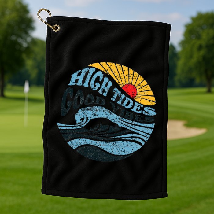 High Tides Good Vibes Vintage Wave And Palm Tree Golf Towel