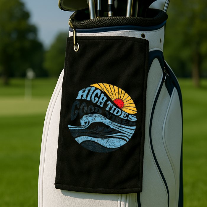 High Tides Good Vibes Vintage Wave And Palm Tree Golf Towel