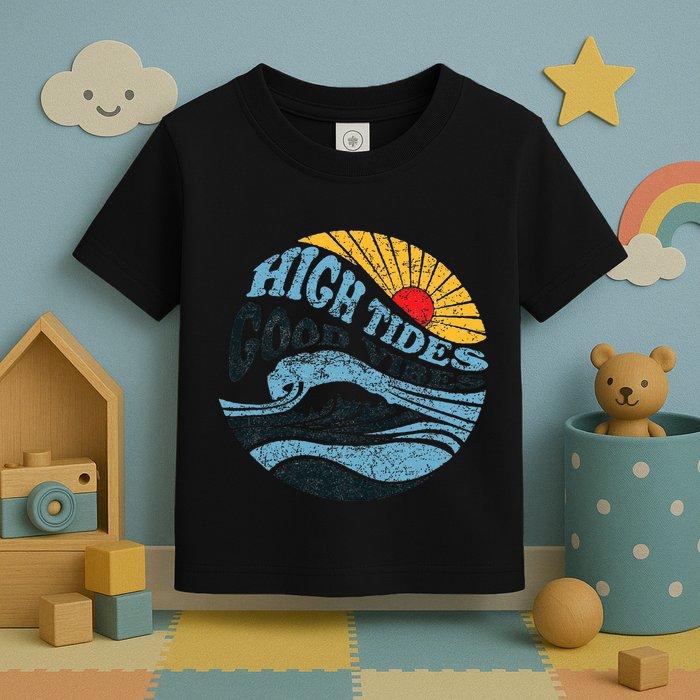 High Tides Good Vibes Vintage Wave And Palm Tree Toddler T-Shirt