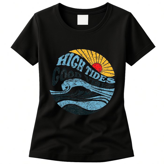 High Tides Good Vibes Vintage Wave And Palm Tree Womens T-Shirt