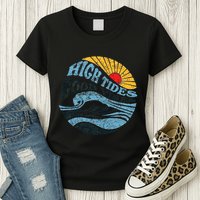 High Tides Good Vibes Vintage Wave And Palm Tree Womens T-Shirt