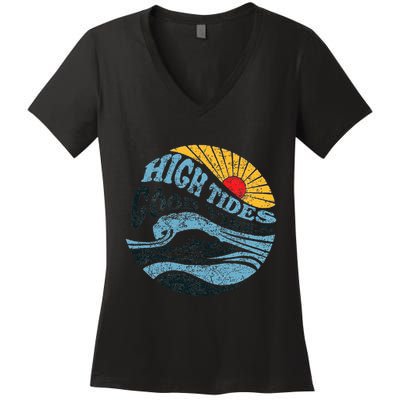 High Tides Good Vibes Vintage Wave And Palm Tree Women's V-Neck T-Shirt