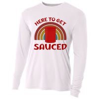 Here To Get Sauced Funny Cranberry Sauce Thanksgiving Food Cooling Performance Long Sleeve Crew