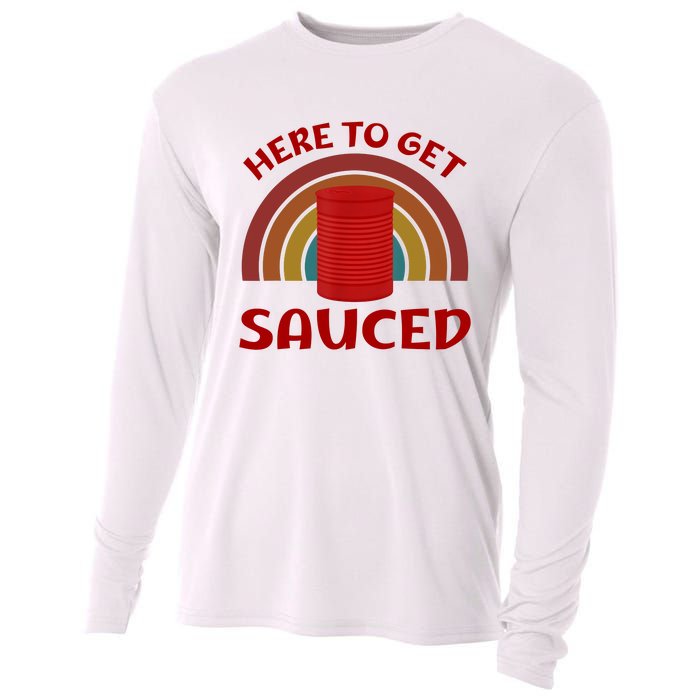 Here To Get Sauced Funny Cranberry Sauce Thanksgiving Food Cooling Performance Long Sleeve Crew