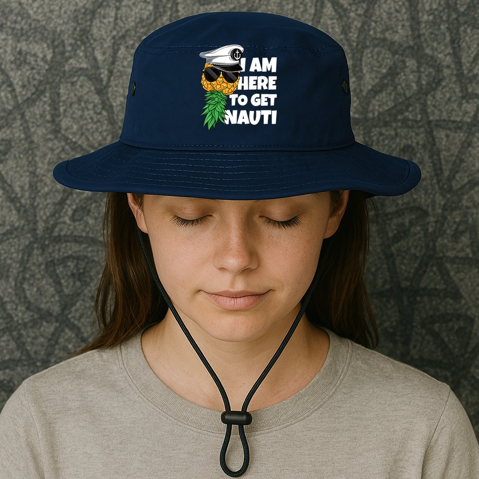 Here To Get Nauti Cruise Boat Upside Down Pineapple Swinger Bucket Hat