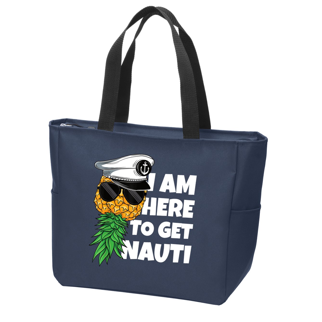 Here To Get Nauti Cruise Boat Upside Down Pineapple Swinger Zip Tote Bag
