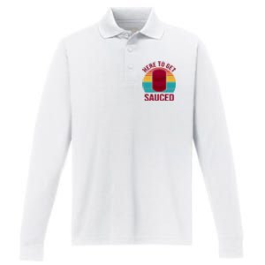 Here To Get Sauced Funny Retro Performance Long Sleeve Polo