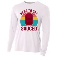 Here To Get Sauced Funny Retro Cooling Performance Long Sleeve Crew