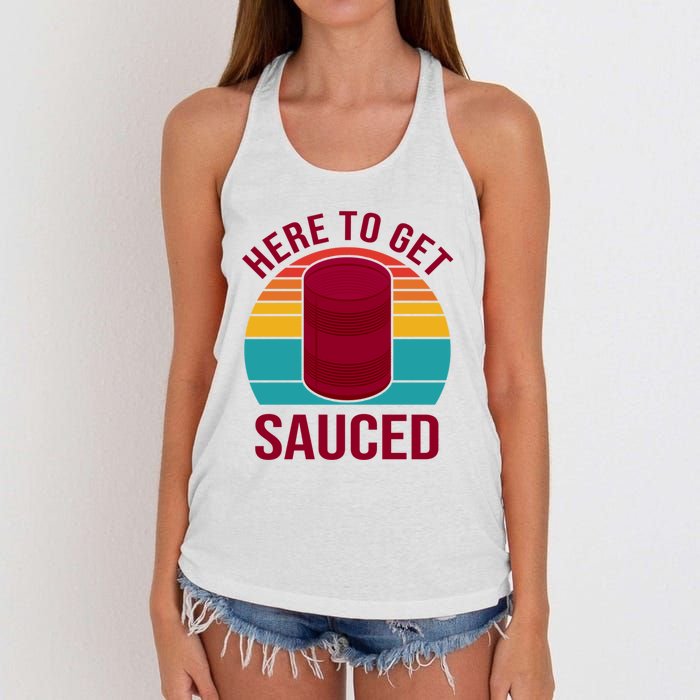 Here To Get Sauced Funny Retro Women's Knotted Racerback Tank