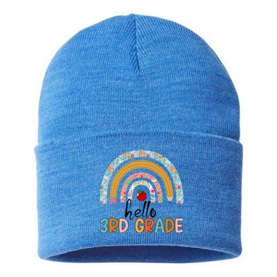 Hello Third Grade Rainbow First Day Of 3Rd Grade Teacher Funny Gift Sustainable Knit Beanie