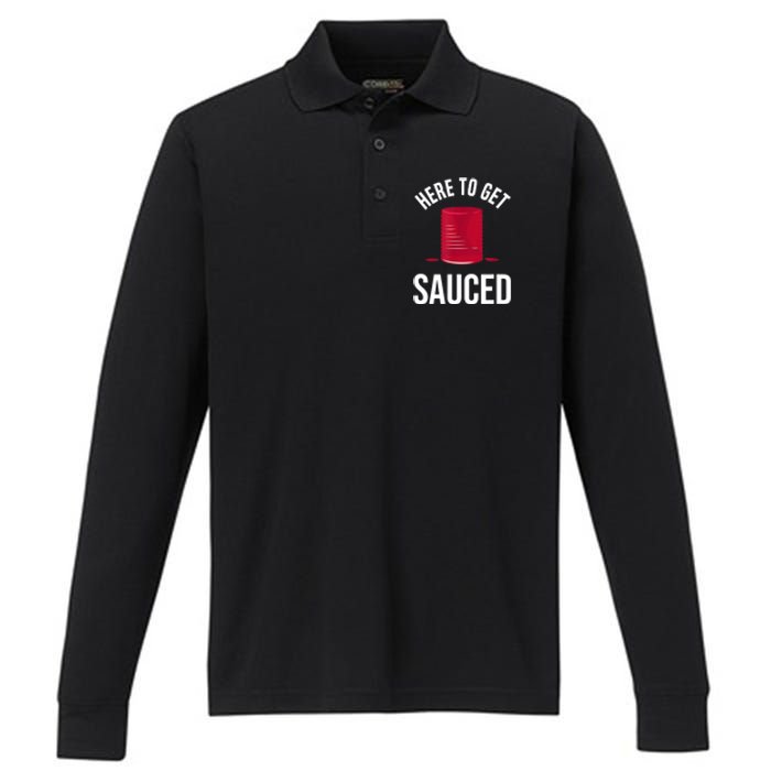 Here To Get Sauced Funny Performance Long Sleeve Polo