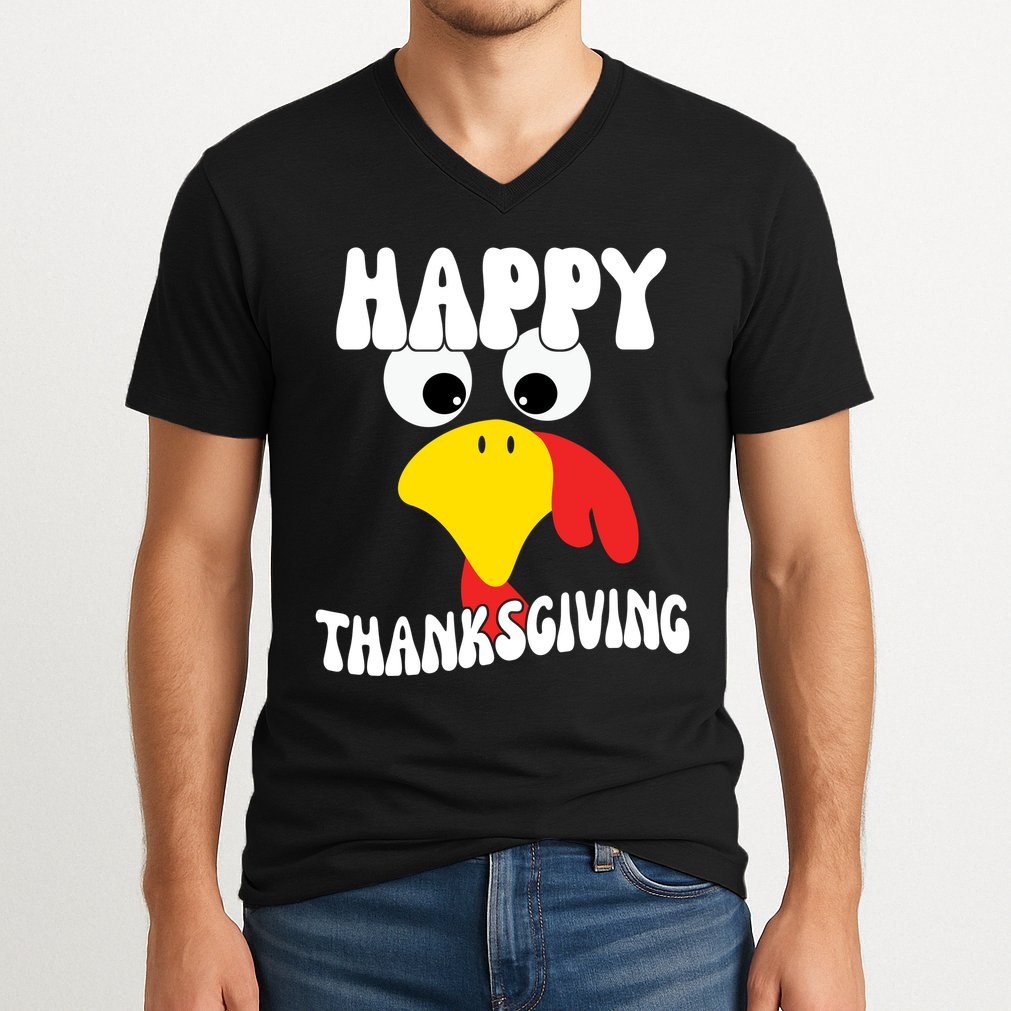 Happy Thanksigiving Gobble Turkey Face V-Neck T-Shirt