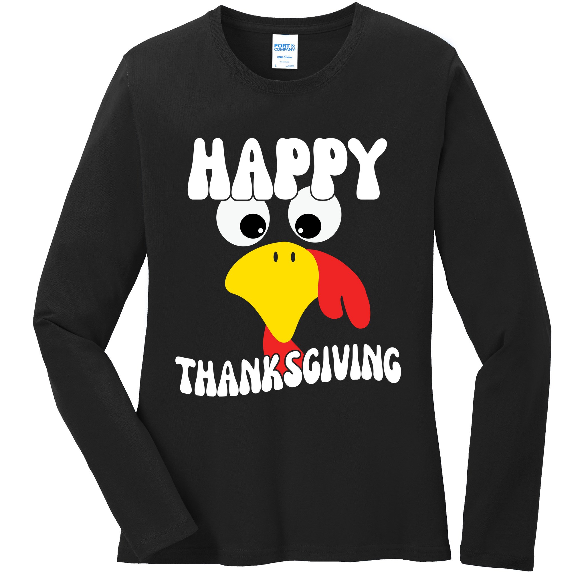 Happy Thanksigiving Gobble Turkey Face Ladies Long Sleeve Shirt