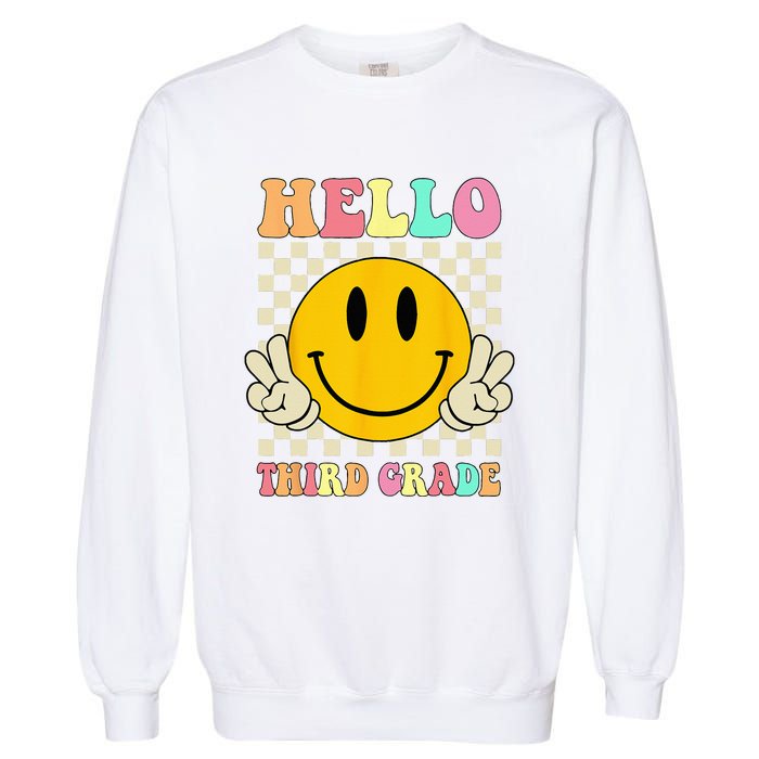 Hello Third Grade Hippie Smile Face 3rd Grade Back To School Garment-Dyed Sweatshirt