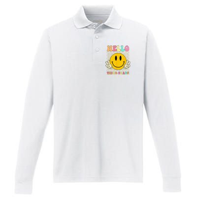 Hello Third Grade Hippie Smile Face 3rd Grade Back To School Performance Long Sleeve Polo