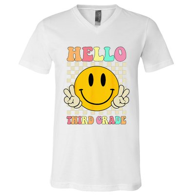 Hello Third Grade Hippie Smile Face 3rd Grade Back To School V-Neck T-Shirt