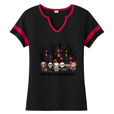 Halloween There Goes The Neighborhood Horror Characters Ladies Halftime Notch Neck Tee