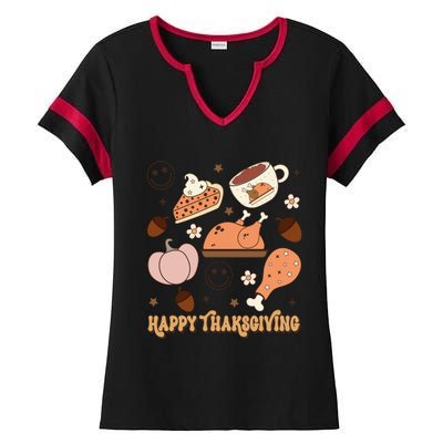 Happy Thanksgiving Groovy Family Thanksgiving Matching Outfits Ladies Halftime Notch Neck Tee