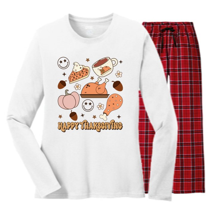 Happy Thanksgiving Groovy Family Thanksgiving Matching Outfits Women's Long Sleeve Flannel Pajama Set 