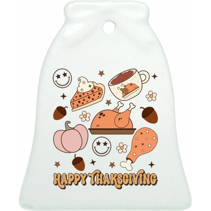 Happy Thanksgiving Groovy Family Thanksgiving Matching Outfits Ceramic Bell Ornament