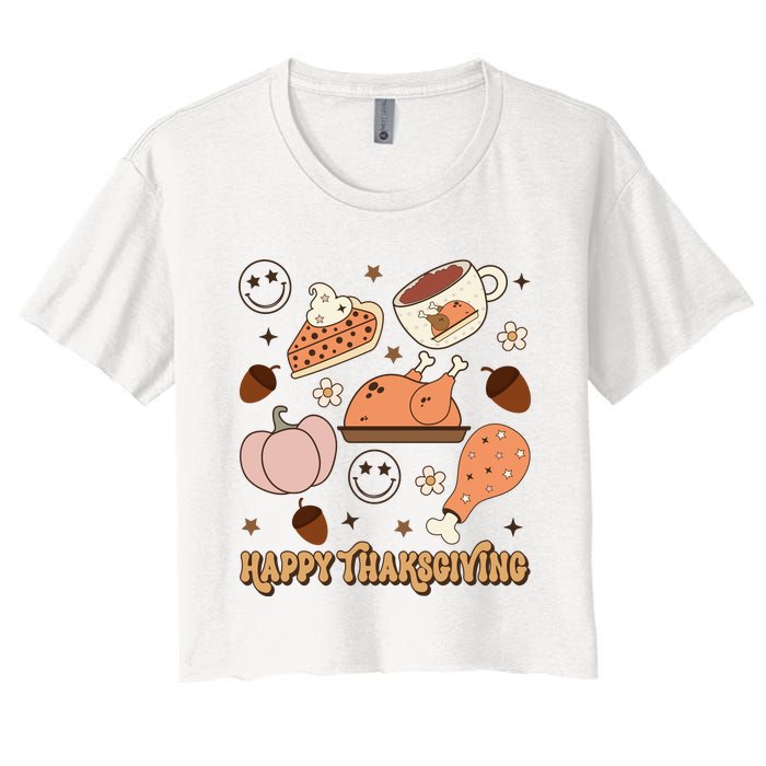 Happy Thanksgiving Groovy Family Thanksgiving Matching Outfits Women's Crop Top Tee